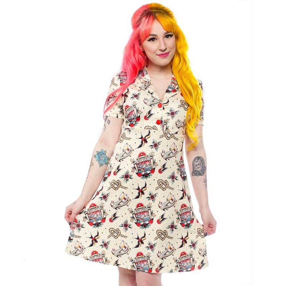 Sourpuss Clothing Last Port Rosie Nautical Tattoo Flash Skater Dress Cream XS